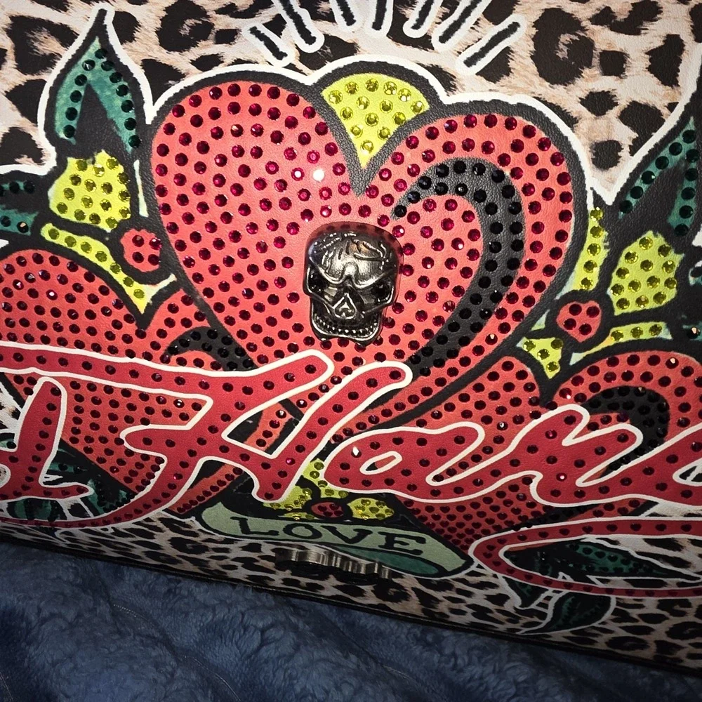 Ed Hardy Duffel Bag Cheetah Print Rhinestone Heart Love Skull Zipper Rare Htf